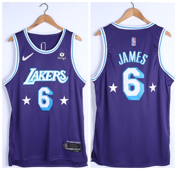 Men's Los Angeles Lakers #6 LeBron James "bibigo" Purple 75th Anniversary City Edition Stitched Jersey Men's Los Angeles Lakers #6 LeBron James "bibigo" Purple 75th Anniversary City Edition Stitched Jersey